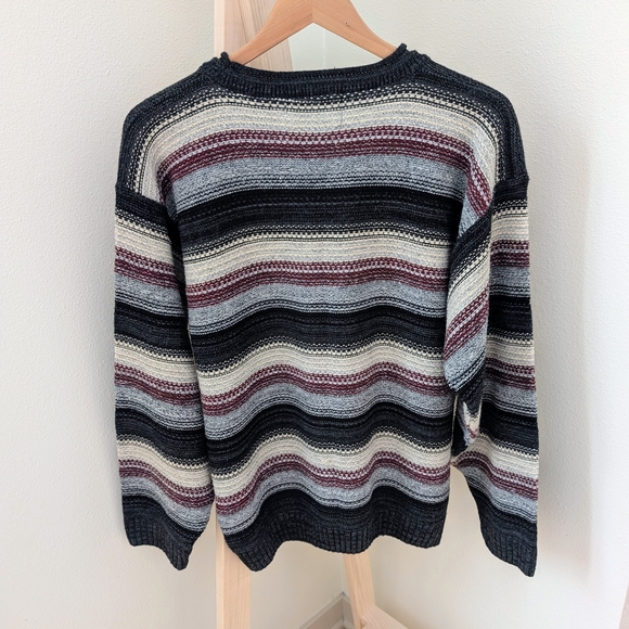 Vintage Striped Textured Patterned Crewneck In Sweater In Dark Gray/Burgundy - Picture 7 of 8